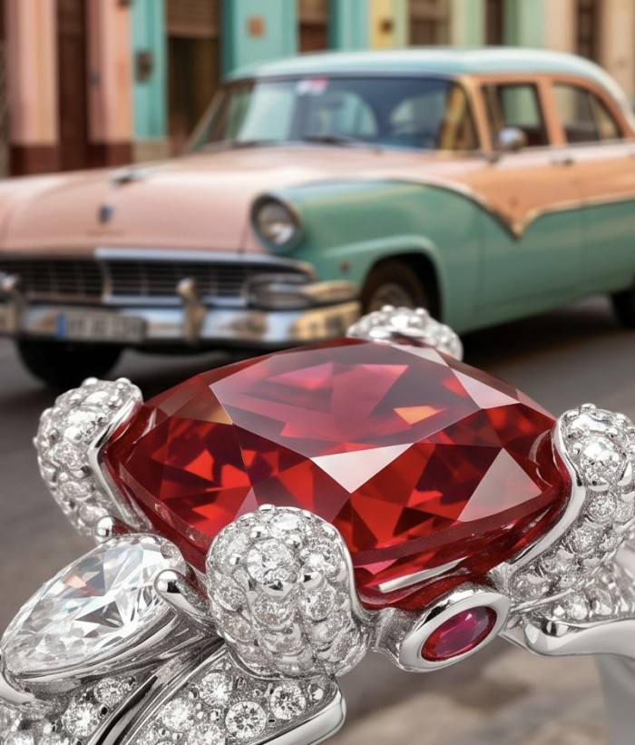 Scarlett 12.7 ctw Mozambique Ruby .925 Sterling Silver handcrafted Statement Ring size 8 - Close-up of Scarlett ruby ring with vintage car in background.