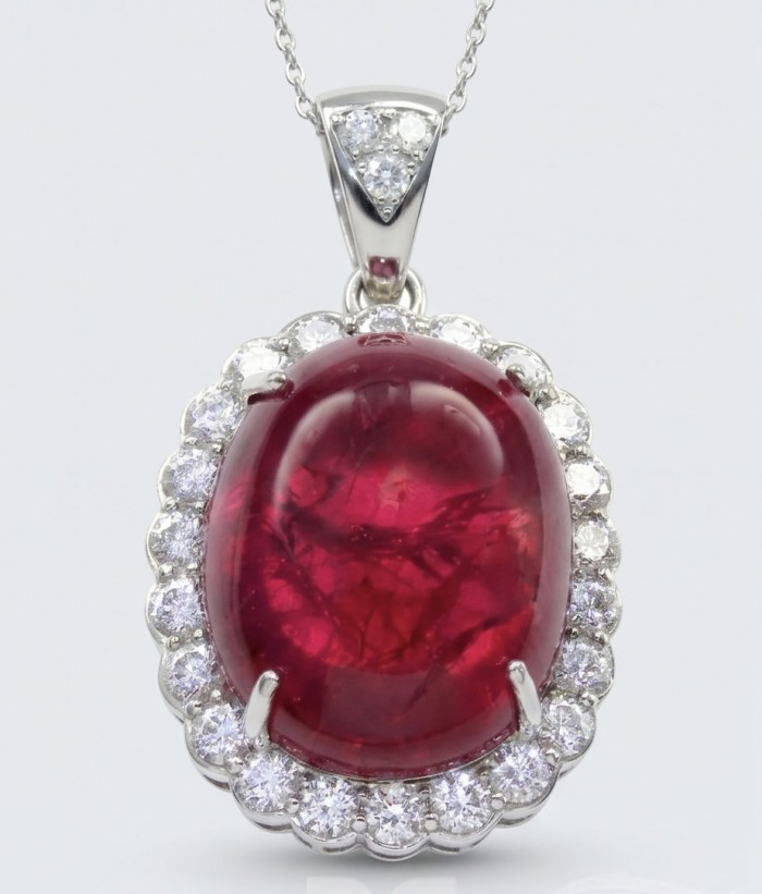 Rare finding! Deluxe 57.2 carat authentic Kashmir Ruby rhodium over .925 Sterling Silver handmade Statement Pendant - Close-up of deluxe 57.2 carat Kashmir Ruby pendant with diamond halo.