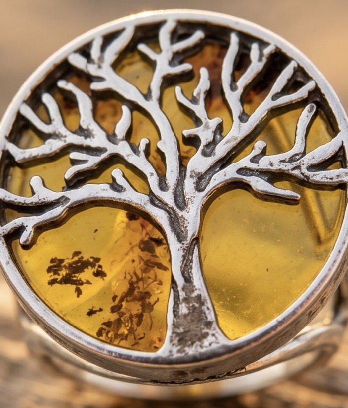 Family Tree Authentic Baltic Amber .925 Sterling Silver handcrafted ring s. 6 1/2 - Close-up of tree design in amber and silver on jewelry piece.
