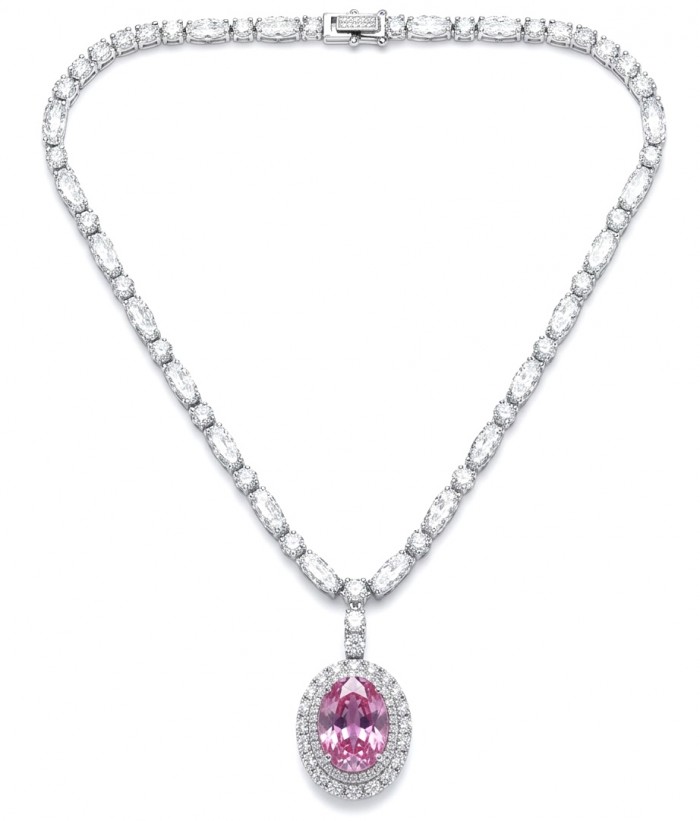 Isabella - delicate 6.7 carat Bubblegum Pink Sapphire .925 Sterling Silver handcrafted Statement Necklace - Necklace with pink sapphire pendant, top view displaying full design