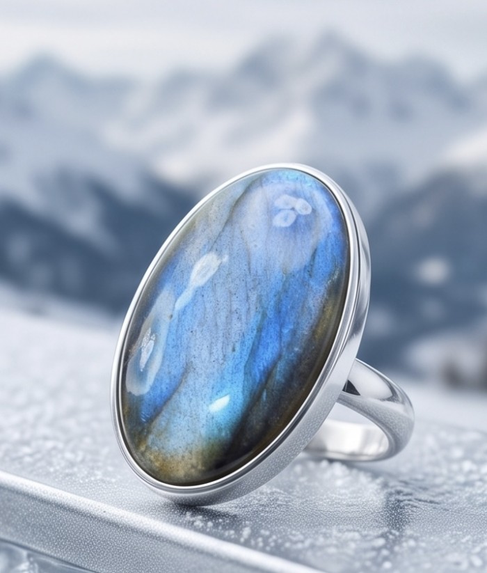 Shimmering Natural Labradorite .925 Sterling Silver handcrafted Large ring size 8 adjustable - Close-up of labradorite sterling silver ring against snowy background.