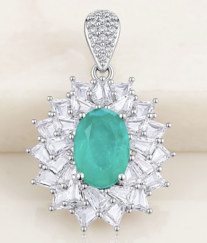 Isabella 3.2 carat oval cut Emerald .925 Sterling Silver Perfectly handcrafted pendant - Close-up of Isabella oval cut emerald pendant in sterling silver setting