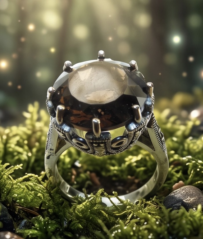 11.8 grams carat Genuine Smoky Topaz .925 Sterling Silver Handcrafted Ring size 8 - Smoky Topaz ring in silver, close-up on moss, intricate setting detail