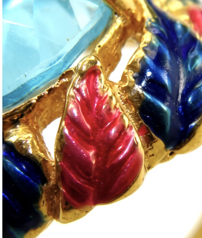 Pacifica - Authentic Fancy Rose cut 27.5 carat Swiss Blue Topaz Enamel 22K Gold over .925 Sterling Silver handcrafted Large Statement ring size 7 - Close-up of ornate blue stone with colorful leaf detailing on gold setting.
