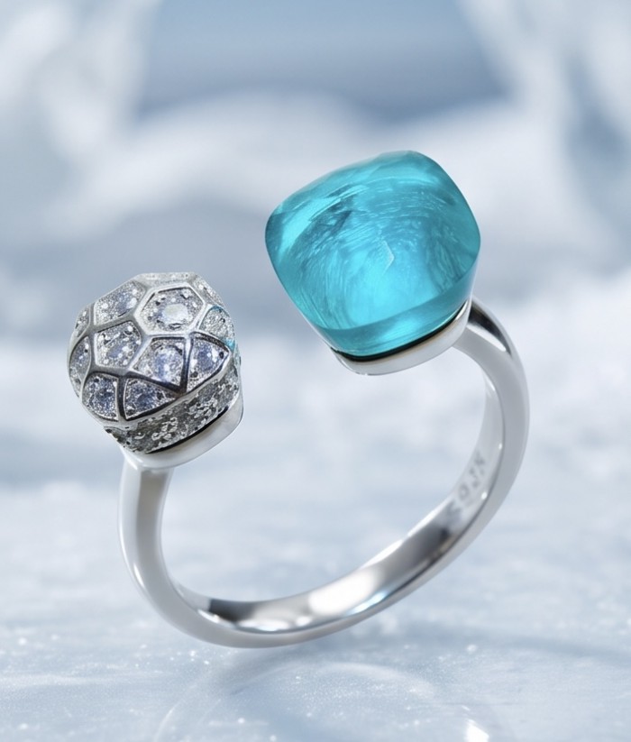 Angelina 4.9 carat authentic Aquamarine .925 Sterling Silver Handcrafted Ring size 6 1/4 - Close-up of Angelina aquamarine ring on ice background