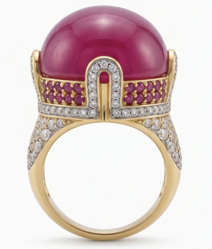 Scarlett 19.7 ctw Mozambique Ruby .925 Sterling Silver dipped in 22K WHITE Gold handcrafted Statement Ring size 7 - Side view of Scarlett ring with Mozambique ruby and diamond details.