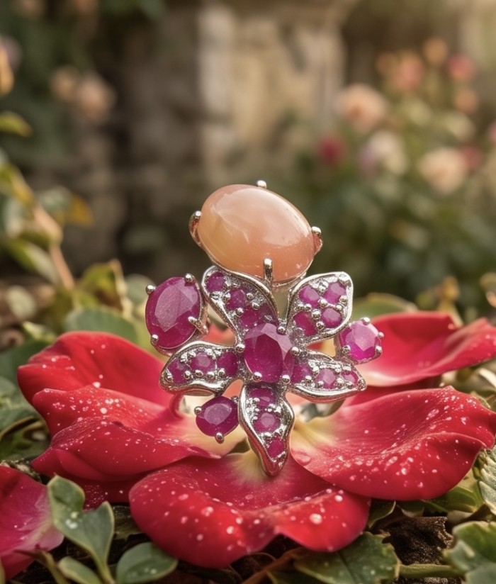 Isabella - Beauty of Nature - natural 15.8 carat yellow Sapphire Ruby Rhodium over .925 Sterling Silver handmade Statement Ring s. 7 - Natural 15.8 carat yellow sapphire ring on red petals, top view.