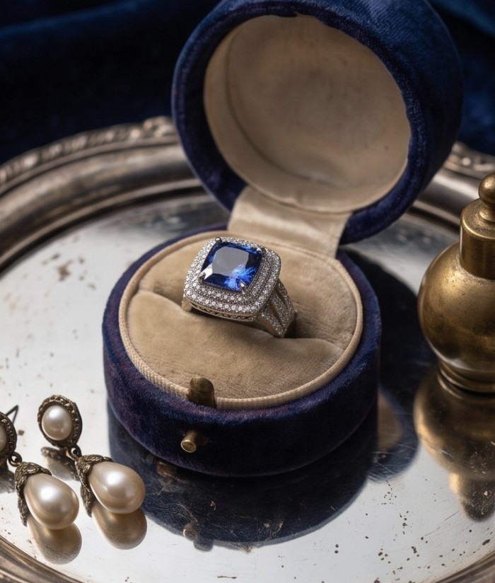 Emily asscher cut 10.7 carat Tanzanite .925 Sterling Silver handmade Statement ring size 6 - Close-up of a Tanzanite ring in a velvet box with pearl earrings nearby.