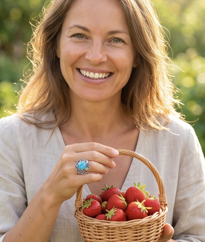 Serenity 10.4 carat real Turquoise .925 Sterling Silver handmade Statement Ring size 8 - Turquoise ring worn on hand, holding a basket of strawberries.