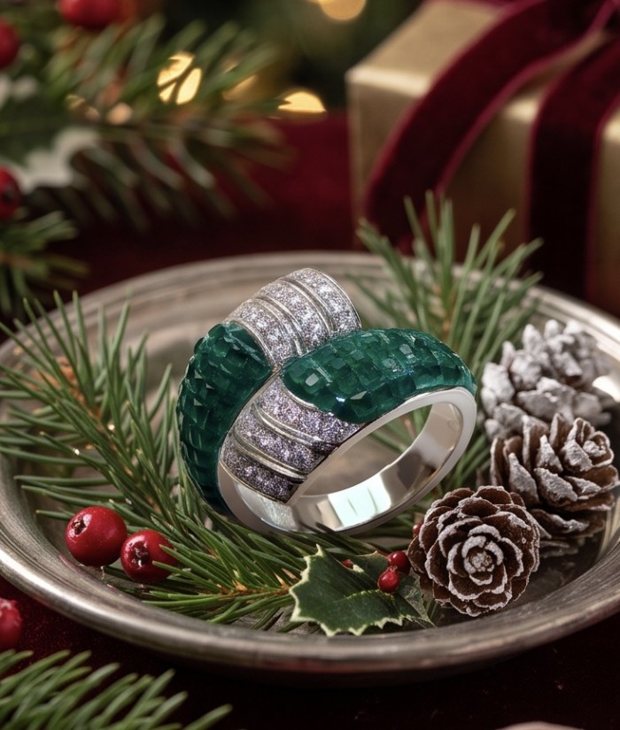 Precious Emerald bow- mystery setting authentic 16.2 carat Emerald .925 Sterling Silver Eternity Ring size 7 1/2 - Emerald bow ring on festive display with greenery and pinecones