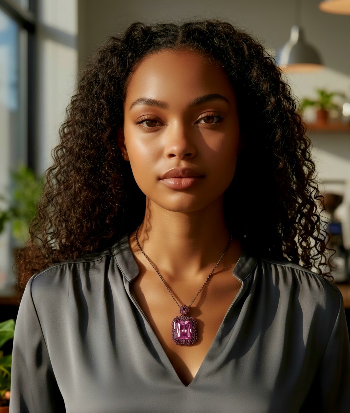 Anastasia 20.7 carat Pink Sapphire black rhodium over .925 Sterling Silver Handcrafted Statement necklace - Pink Sapphire pendant on model, front view, in black rhodium setting.