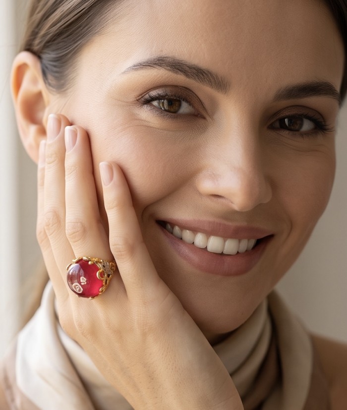 Emily 10.9 carat Mozambique Ruby .925 Sterling Silver dipped in 22K Gold handmade Statement Ring size 7 - Mozambique ruby ring worn on hand, close-up view.