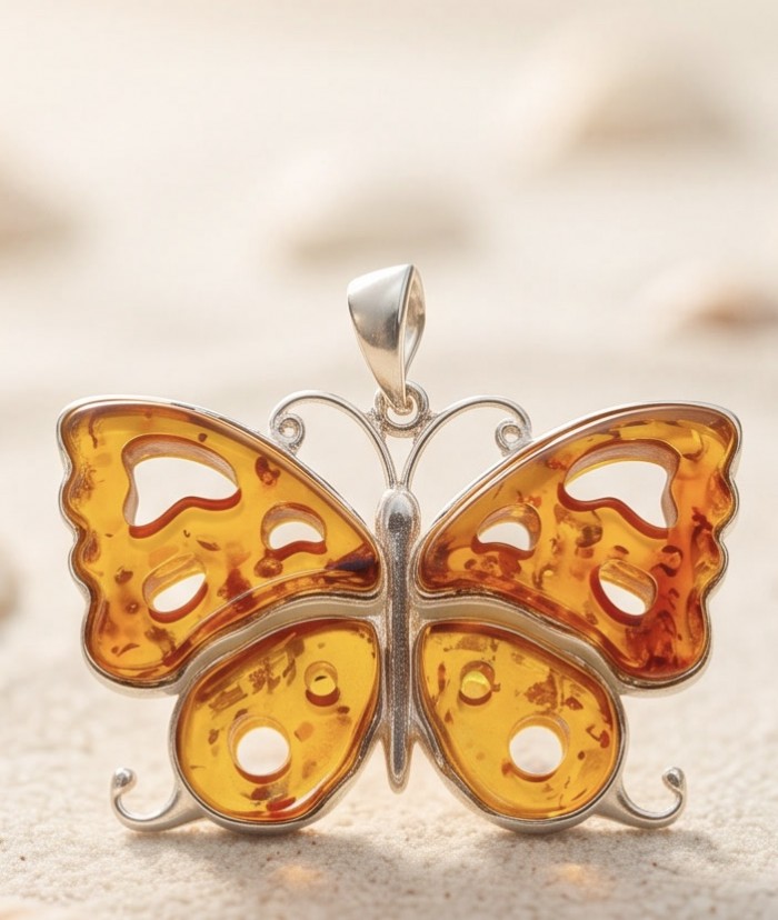 Golden Authentic carved Baltic Amber .925 Sterling Silver handcrafted pendant - Butterfly pendant close-up with amber and sterling silver detail