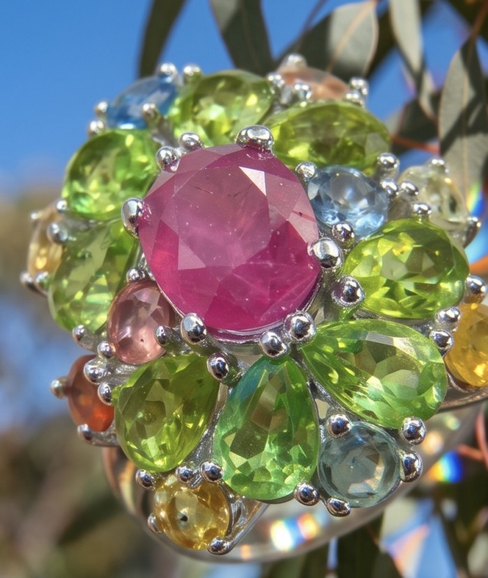 Blooming Garden 6.8 carat Mozambique Ruby 15.5 carat Peridot rhodium over .925 Sterling Silver handmade Statement Ring size 8 adjustable - photo 4