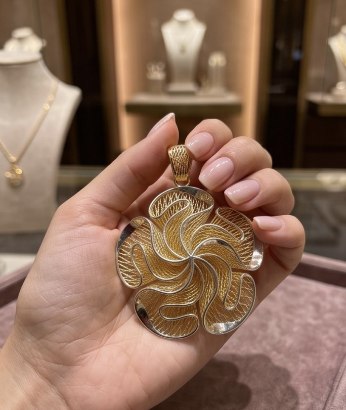 Dubai Style - Blooming Golden Rose .925 Sterling Silver dipped in 22K Gold handmade Pendant - Close-up of "Blooming Golden Rose" pendant held in hand.