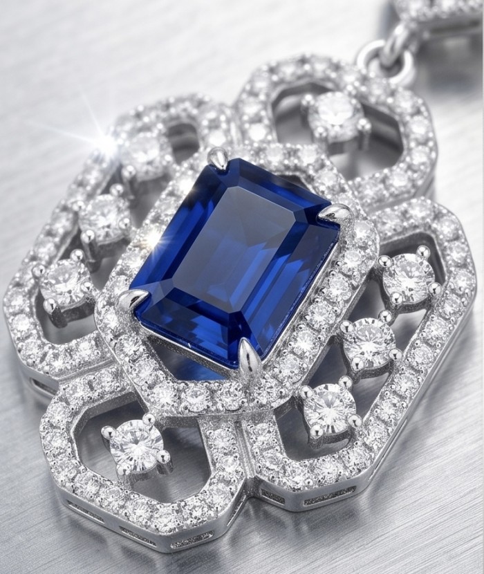Oceania - 9.5 carat Sapphire .925 Sterling Silver dipped in Rhodium handmade Statement earrings - Close-up of Oceania sapphire pendant with diamond accents in sterling silver.