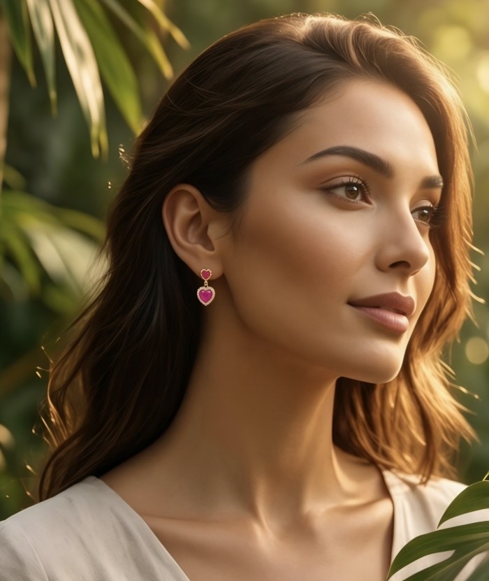 Genuine 5.4 carat Ruby 14K Gold over .925 Sterling Silver handcrafted Statement Earrings - Ruby earrings worn, side view, in 14K Gold over .925 Sterling Silver
