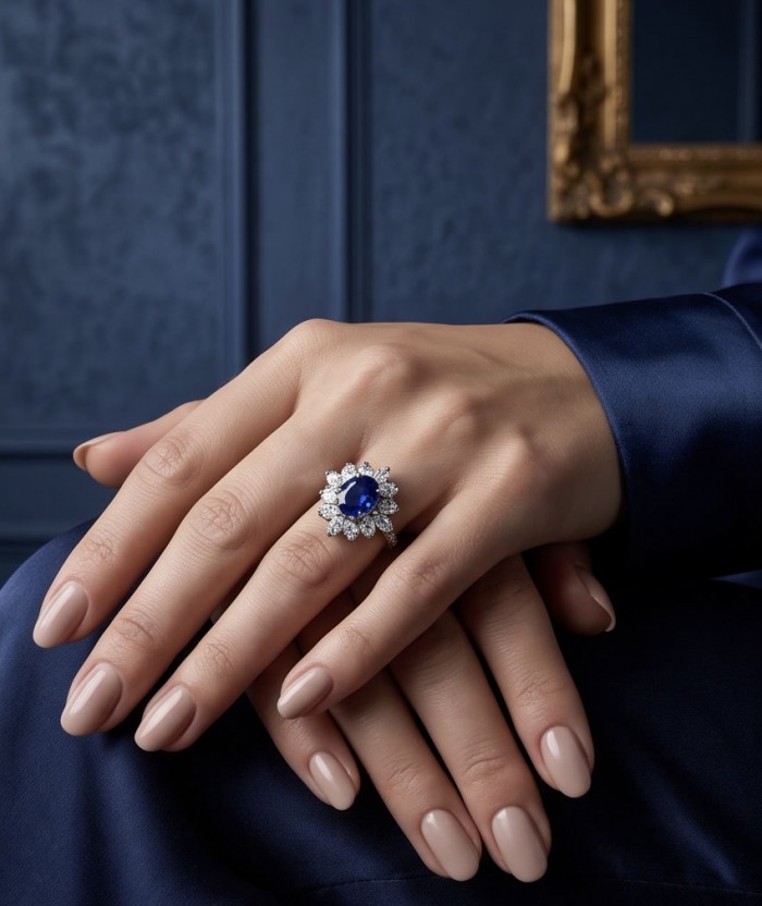 Authentic 3.5 carat Kyanite Moissanite .925 Sterling Silver handcrafted Ring size 5 - Ring with blue stone and diamonds worn on hand, close-up view.