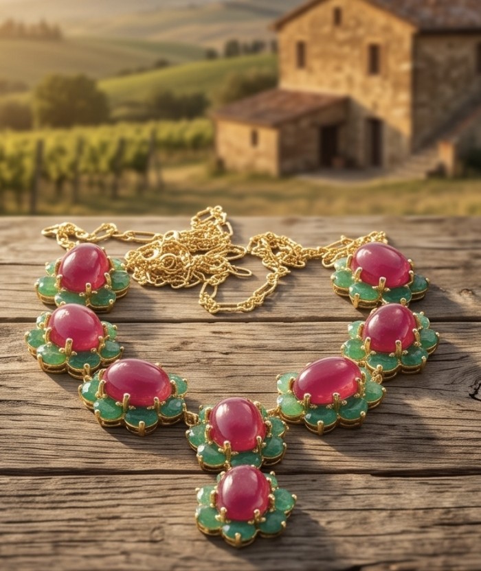 Juicy 22.2 carat Natural Kasmir Ruby 8.2 carat Colombian Emerald .925 Sterling Silver dipped in 22K Gold handcrafted Statement necklace - Necklace with rubies and emeralds on wooden table, scenic background