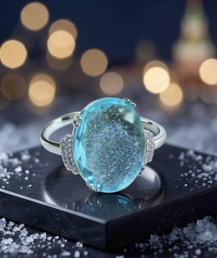 Angelina 14.9 carat authentic Aquamarine .925 Sterling Silver Handcrafted Ring size 8 - Aquamarine ring close-up, 14.9 carat, .925 Sterling Silver, sparkly background.