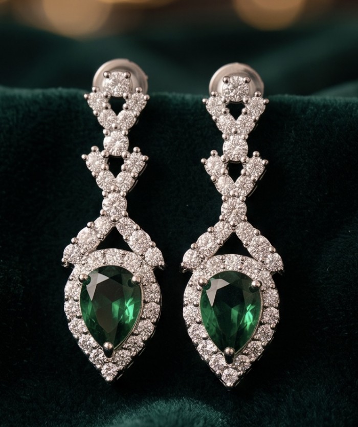 Spectaculat 12.5 carat Tsavorite Garnet .925 Sterling Silver handcrafted earrings - Tsavorite garnet earrings, front view, sterling silver, diamond accents.