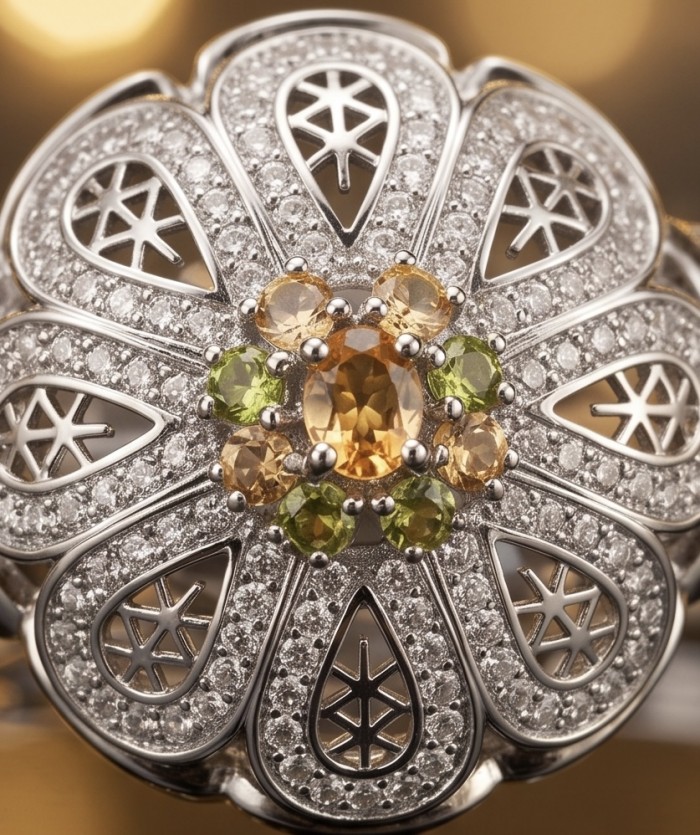 Casablanca - authentic 3.6 carat Brazilian Tourmaline .925 Sterling Silver Bracelet - Close-up of Casablanca ring with tourmaline and intricate design