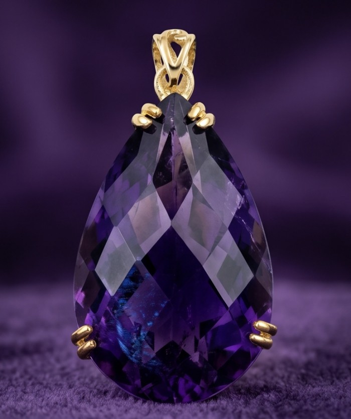 Mademoiselle - 18.5 carat natural Amethyst .925 Sterling Silver dipped in 22K White Gold handcrafted Pendant - Close-up of Mademoiselle pendant, 18.5 ct amethyst with gold setting
