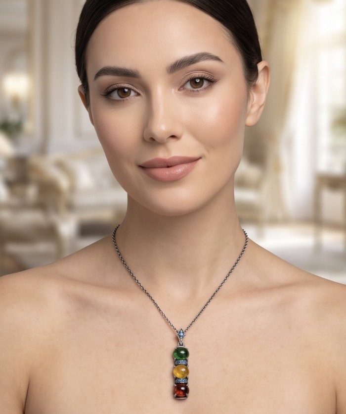 Stella 8.5 carat Brazilian Watermalon Tourmaline black rhodium over .925 Sterling Silver handmade Pendant - Woman wearing Stella 8.5 ct Watermelon Tourmaline necklace, front view