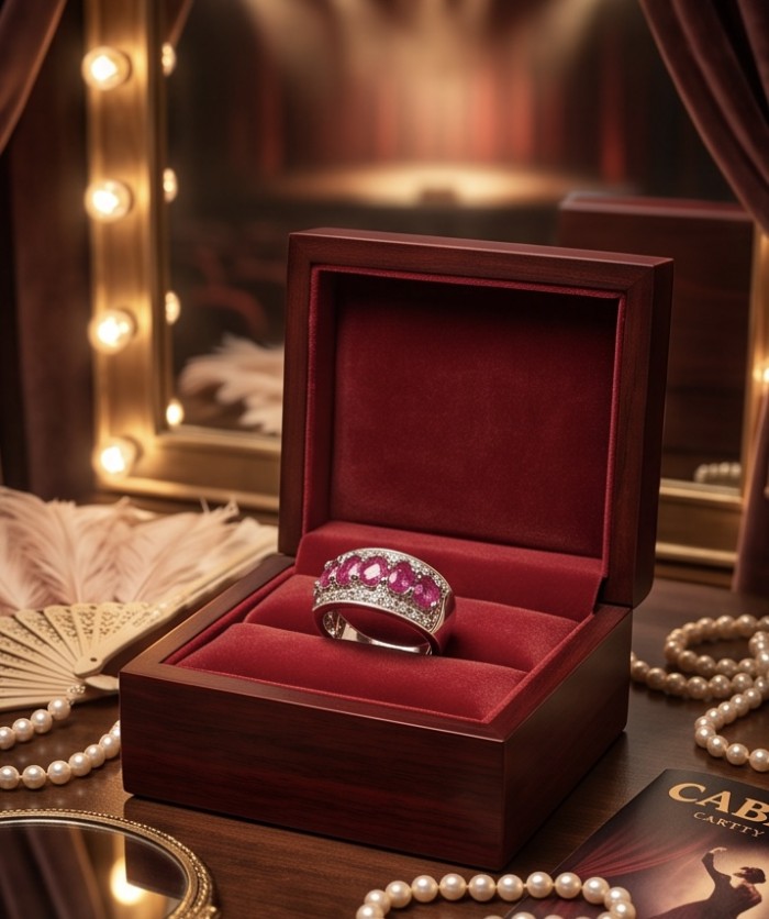 Scarlett 6.8 ctw Mozambique Ruby .925 Sterling Silver handcrafted Statement Ring size 8 1/4 - Scarlett Mozambique Ruby ring in box, side view, on dressing table.