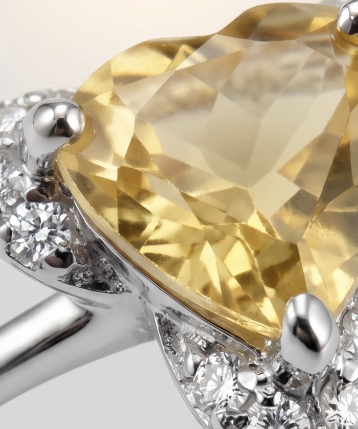Yellow Heart 4.2 carat Brazilian Citrine .925 Sterling Silver handcrafted ring; s. 8 3/4 - Close-up of yellow heart-shaped citrine with diamond accents on silver ring