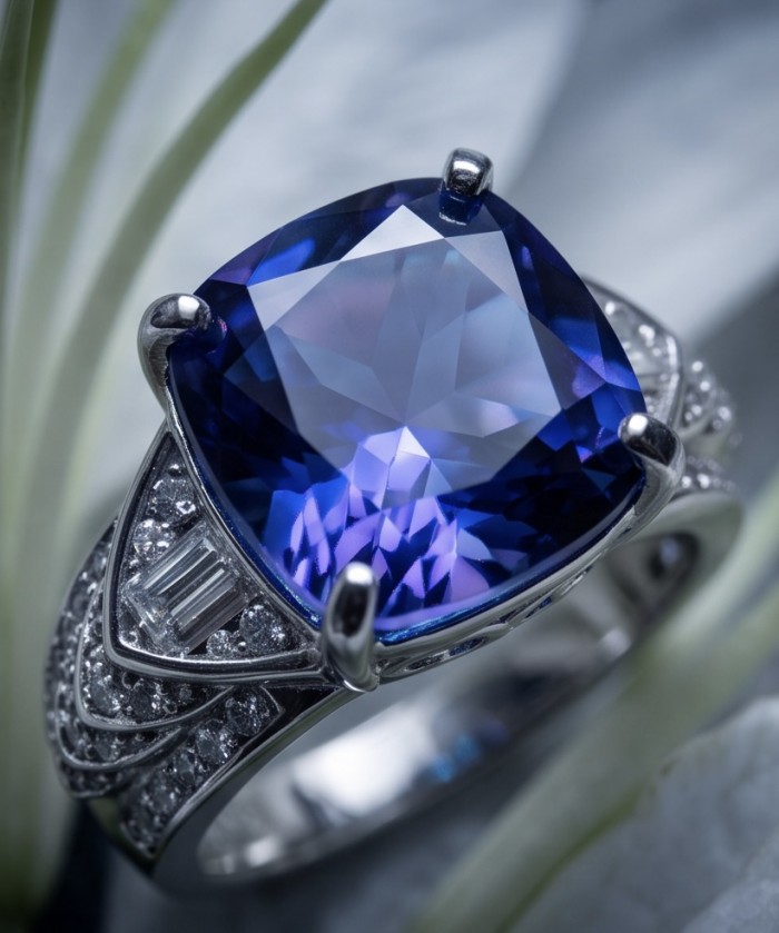 Precious - Art Deco Design asscher cut 15.9 CARAT Tanzanite rhodium over .925 Sterling Silver Statement Ring s. 7 - Close-up of 15.9 carat Asscher cut tanzanite ring with Art Deco design