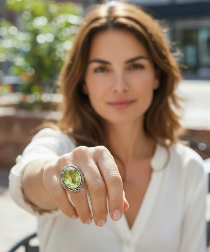 Royalty 18.9 carat authentic Himalayan Peridot .925 Sterling Silver Handcrafted Statement Ring size 6 - Worn on hand, close-up of Royalty 18.9ct Himalayan Peridot ring in silver.