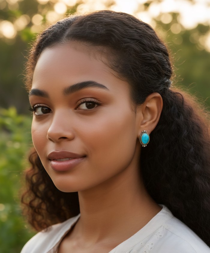 Great authentic Morenci Turquoise .925 Sterling Silver handcrafted Earrings - Woman wearing Morenci Turquoise .925 Silver earrings, side view.