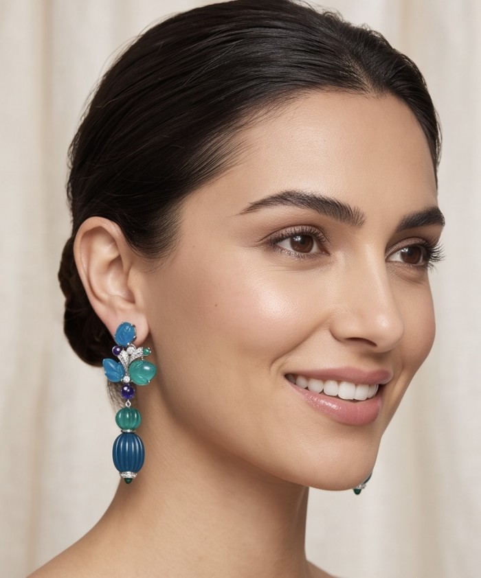 Art Deco - Luxurious natural 28.5 carat Sapphire .925 Sterling Silver Perfectly handcrafted earrings - Side view of model wearing Art Deco sapphire earrings.