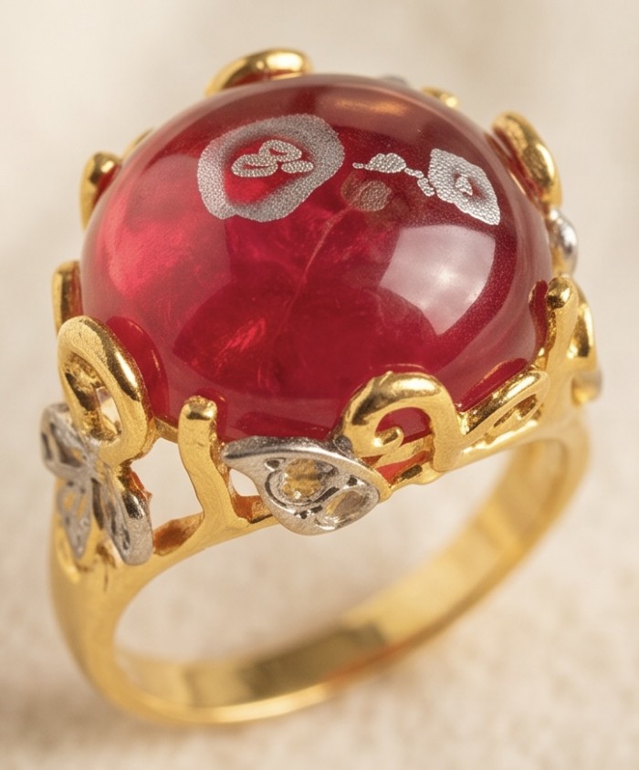 Emily 10.9 carat Mozambique Ruby .925 Sterling Silver dipped in 22K Gold handmade Statement Ring size 7 - Ruby ring close-up showcasing intricate gold and silver details