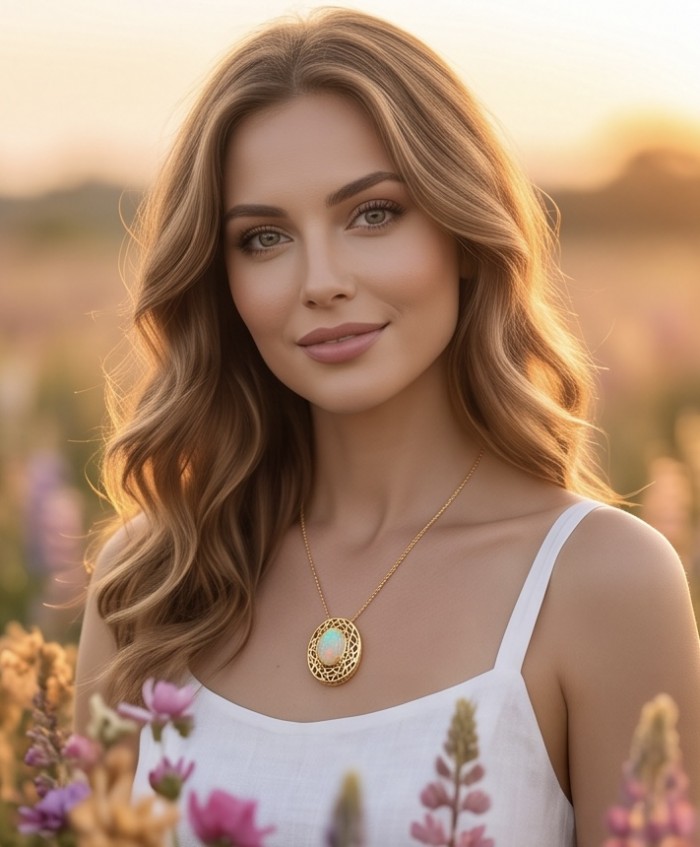 Earth Treasure Authentic 12.8 carat Golden Ethiopian Opal 22K Gold over .925 Sterling Silver handcrafted Statament Necklace - Woman wearing Earth Treasure Ethiopian Opal necklace, front view.