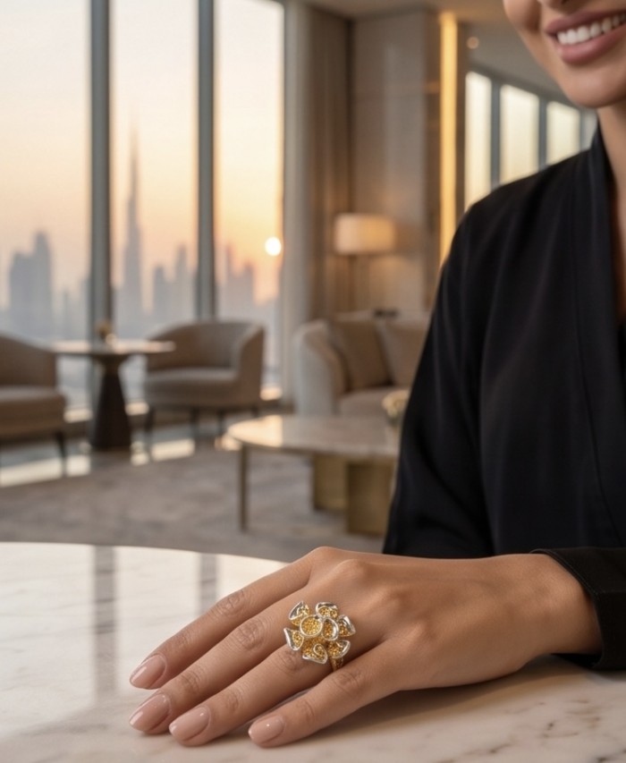 GOLDEN ROSE- Dubai Style - .925 Sterling Silver dipped in 22K Gold handmade Large ring size 8 - Woman's hand wearing GOLDEN ROSE ring, city skyline in background