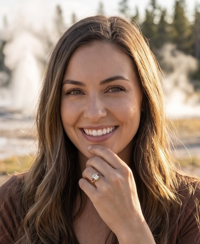 Julietta 5.2 carat Brazilian Citrine .925 Sterling Silver dipped in 18K Gold handcrafted ring; s. 8 - Woman wearing Julietta citrine ring, showing hand close-up.