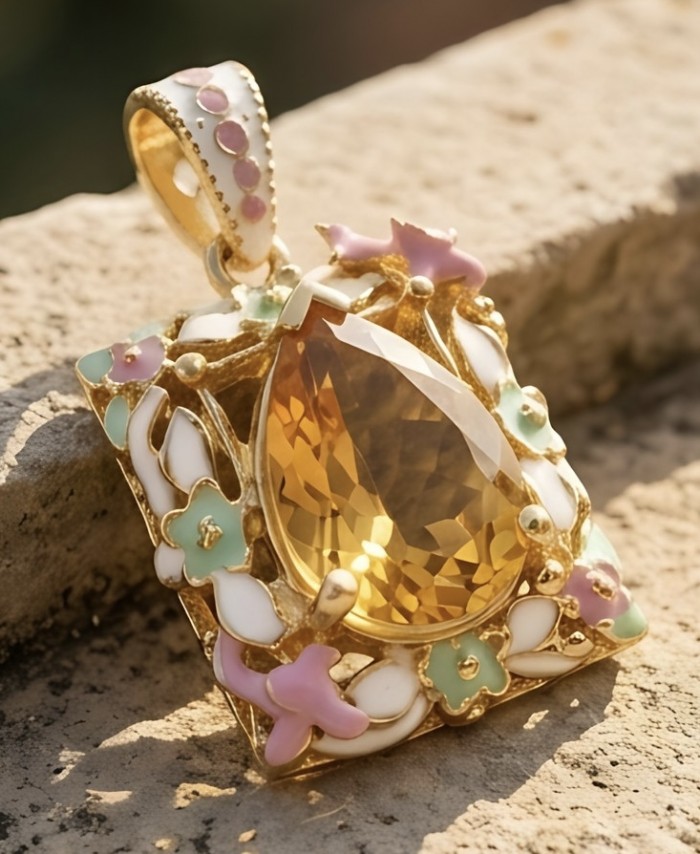 Paradise 15.4 carat Lemon Quartz Enamel 18K Gold over .925 Sterling Silver handcrafted pendant - Close-up of Paradise 15.4ct Lemon Quartz Pendant with Enamel and Gold