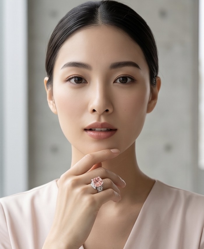 Authentic emerald cut 12.2 carat volcanic Morganite 14K White Gold over .925 Sterling Silver ring s. 6 - Woman wearing ring with cushion cut Morganite, front view.