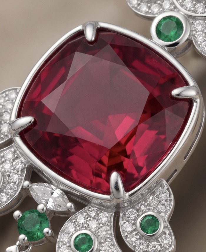 Art deco Magnificent Jewel 20.4 carat Ruby .925 Sterling Silver dipped rhodium handcrafted incredible earrings - Close-up of Art Deco Jewel with 20.4 carat Ruby and .925 Sterling accents.