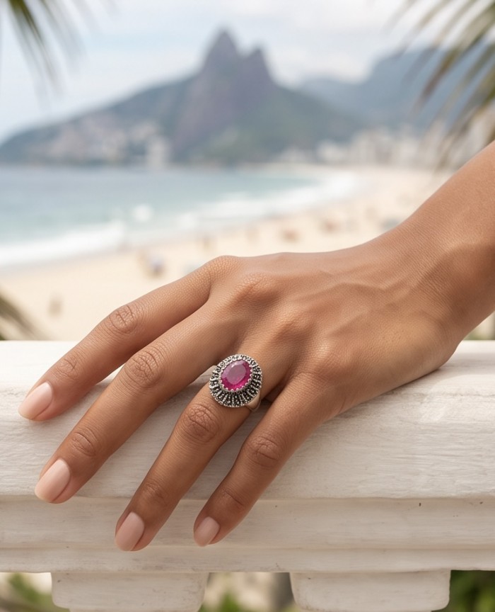 Carmen Natural 10.7 carat Ruby .925 Sterling Silver handmade Statement Ring size 9 - Ruby ring on hand, beach background, focus on stone detail.