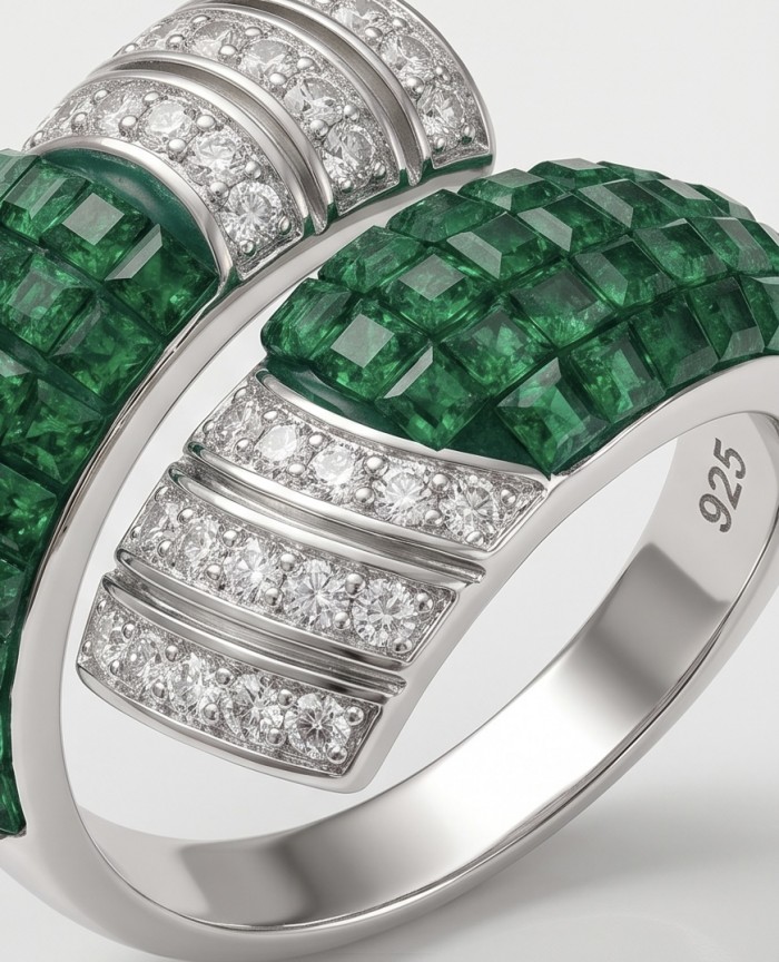 Precious Emerald bow- mystery setting authentic 16.2 carat Emerald .925 Sterling Silver Eternity Ring size 8 - Close-up of emerald and diamond ring with silver band