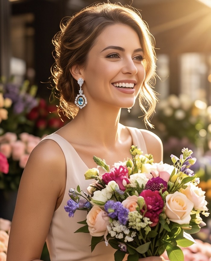 Atlantica 6.7 carat Swiss Blue Topaz 2 tones .925 Sterling Silver dipped in Rhodium Handcrafted Statement earrings - Woman wearing Atlantica Swiss Blue Topaz earrings, smiling with flowers