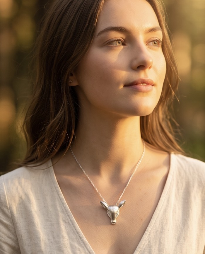 Deer'S Head 0.7 carat Emerald .925 Sterling Silver handmade Statement necklace - Woman wearing deer head necklace, front view, in warm lighting.