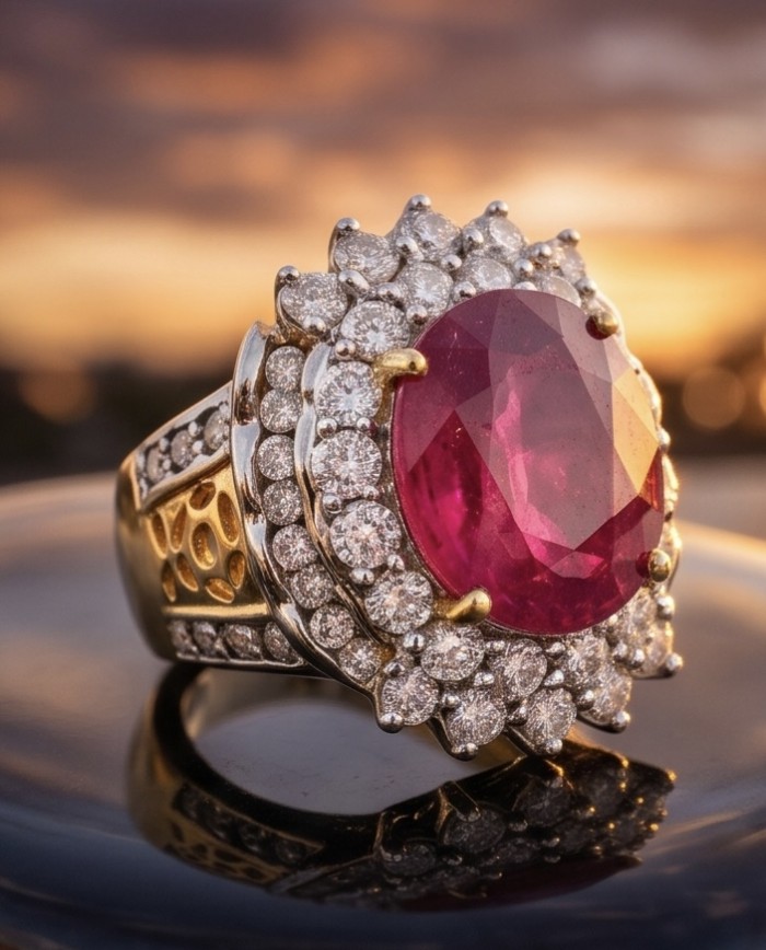 Scarlett 14.7 ctw Mozambique Ruby .925 Sterling Silver DIPPED IN 22k GOLD handcrafted Statement Solid Ring size 7 - Close-up of Scarlett Mozambique Ruby ring in sunset light.