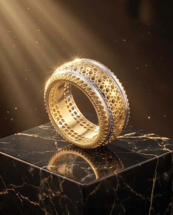 Precious Natural two tones .925 Sterling Silver ring size 6 - Ornate two-tone silver ring, side view on marble pedestal.