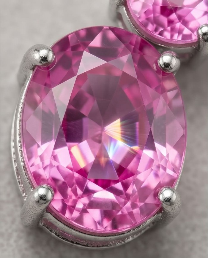 Large - Tiffany - authentic oval cut 49.7 carat Pink Sapphire .925 Sterling Silver handcrafted Earrings - Close-up of oval cut 49.7 carat pink sapphire in prong setting.