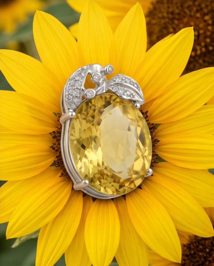 Golden Apple 24.5 carat Brazilian Citrine .925 Sterling Silver dipped in black Rhodium handmade Pendant - Citrine pendant on sunflower, top view with diamond accents, 24.5 carat.