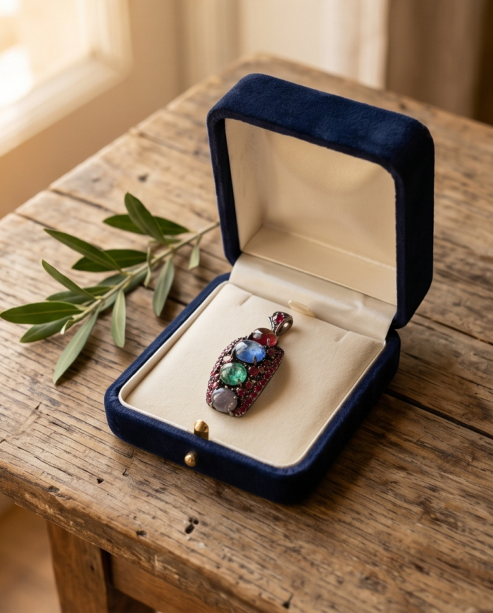 Stella 17.5 carat Brazilian Watermalon Tourmaline black rhodium over .925 Sterling Silver handmade Pendant - Stella pendant in velvet box on table, gemstone detail view